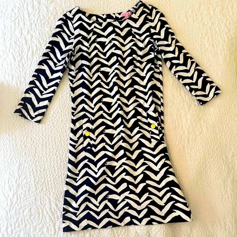 Women’s navy blue and white Lilly Pulitzer dress.
